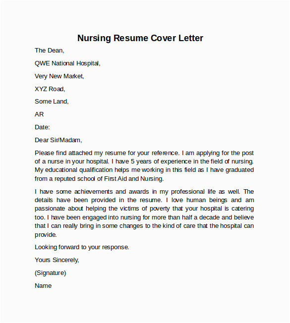 Free Sample Cover Letter for Resume Nursing Free 9 Nursing Cover Letter Examples In Pdf