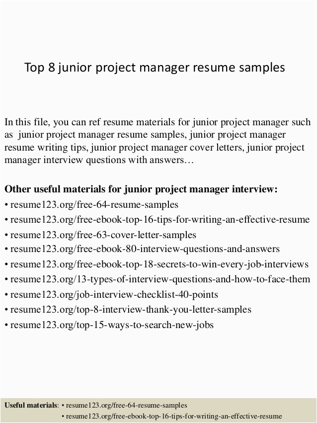 Junior Project Manager Resume Sample Doc top 8 Junior Project Manager Resume Samples