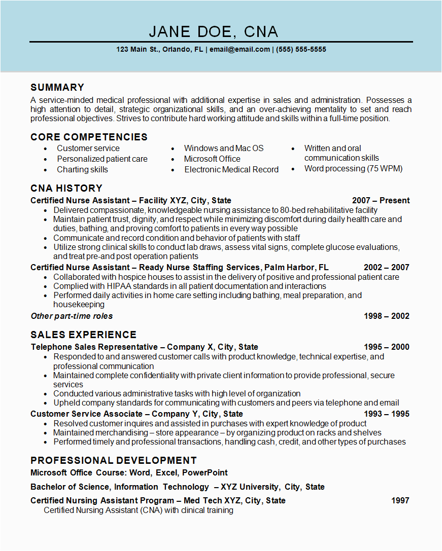 New Certified Nursing assistant Resume Samples Nurse assistant Cna Resume Example