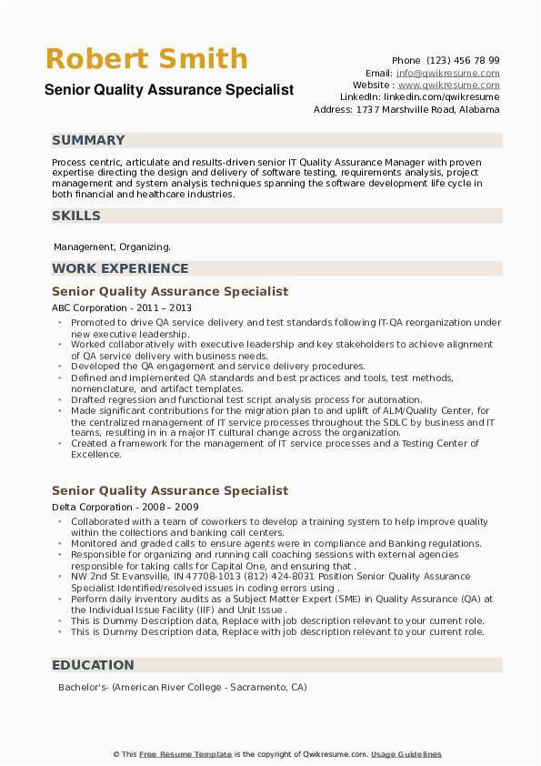 Quality assurance Specialist Qa Resume Sample Senior Quality assurance Specialist Resume Samples