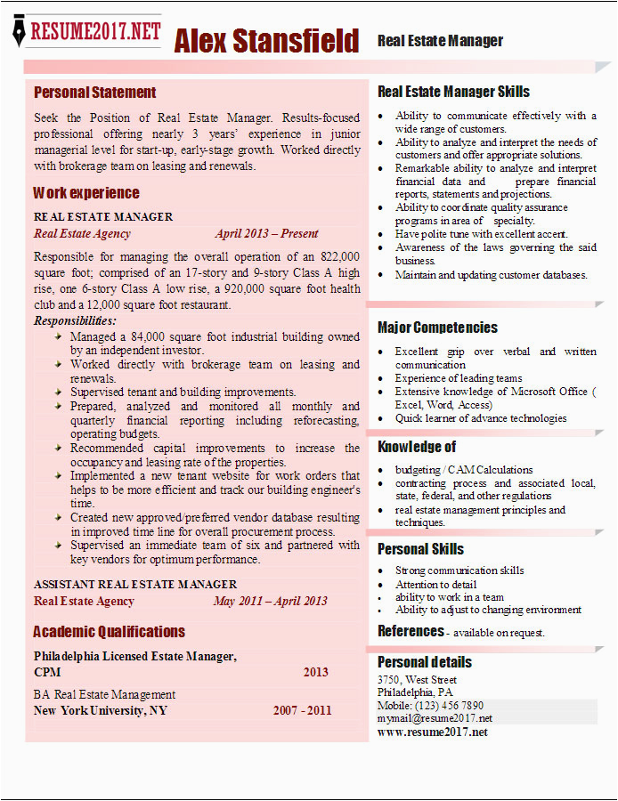 Real Estate Manager Resume Sample India Real Estate Manager Resume 2017 Examples
