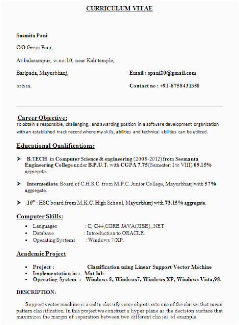 Resume Samples for Btech Cse Students Resume format for B Tech Cse Students