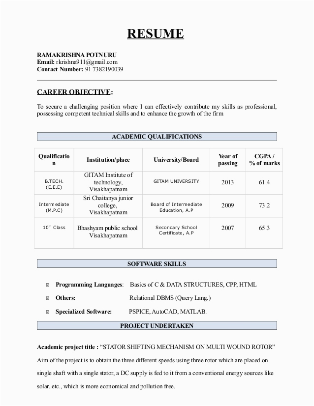 Resume Samples for Btech Cse Students Student Resume Btech Best Resume Examples