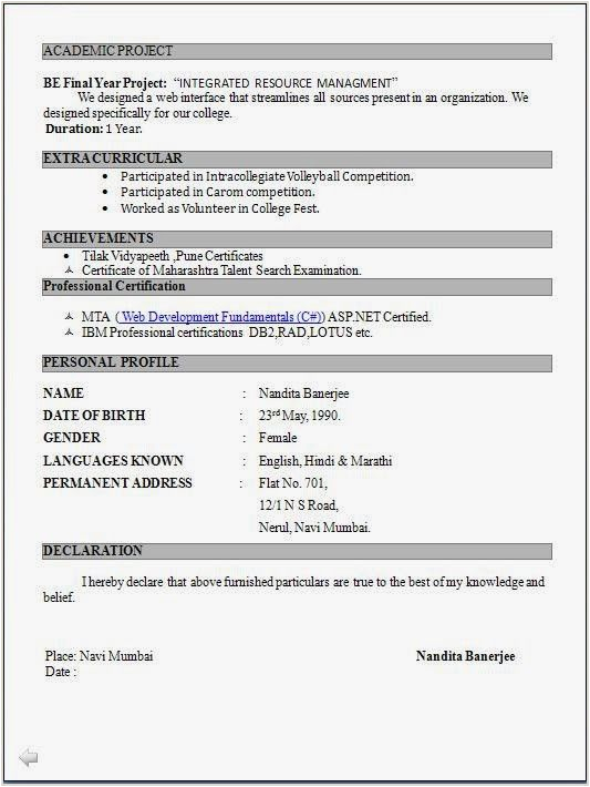 Resume Samples for Freshers In India Resume format for Fresher Teacher Job In India Best