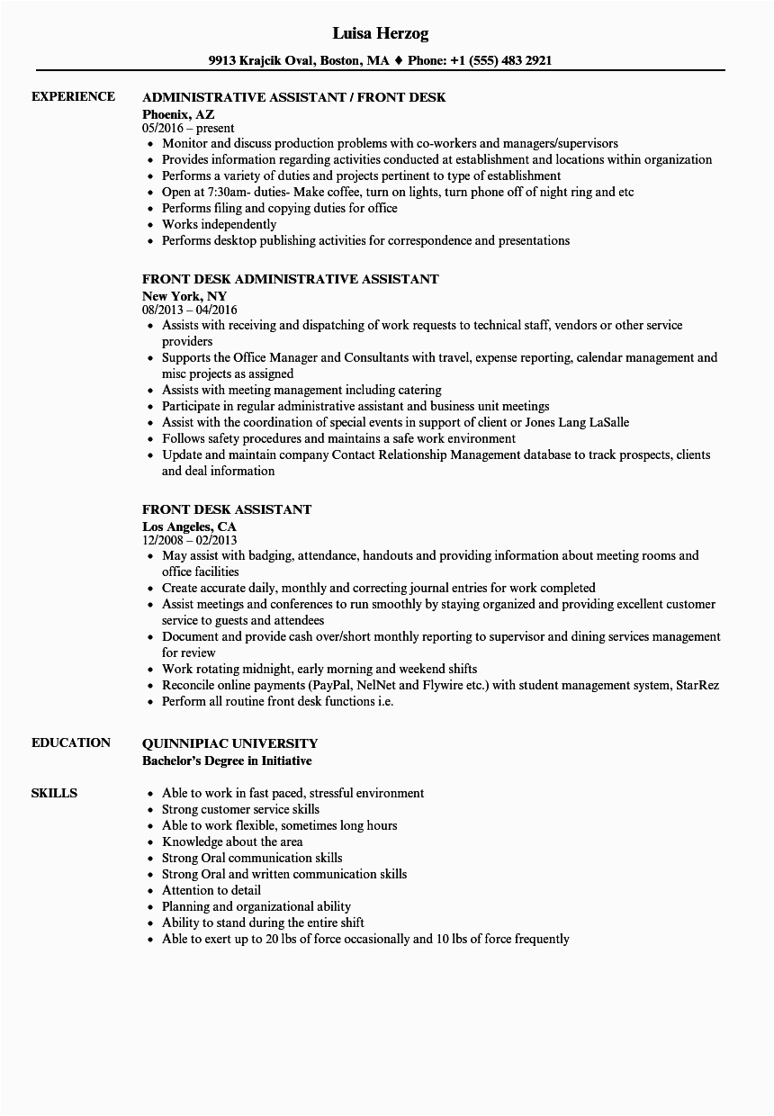 Resume Samples for Front Office Position Front Fice assistant Resume