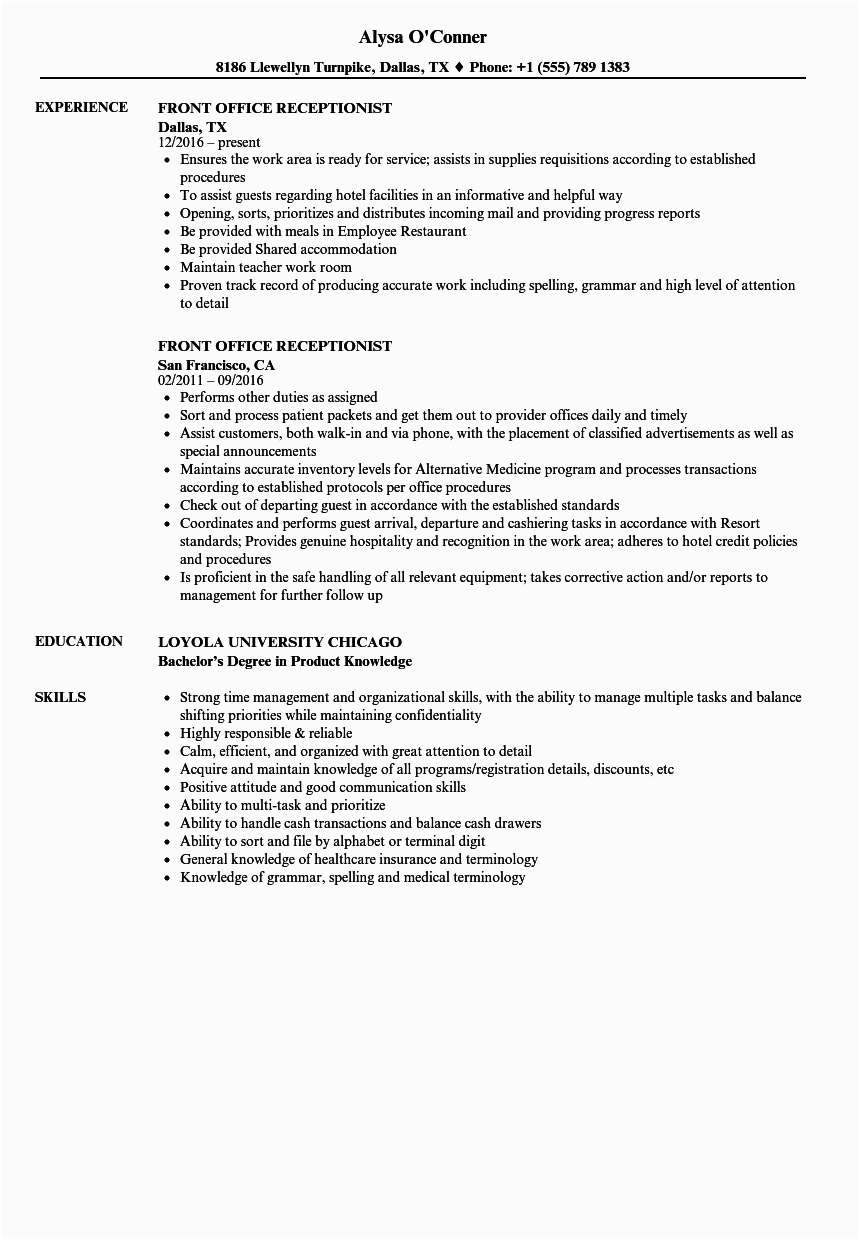Resume Samples for Front Office Position Front Fice Receptionist Resume Samples