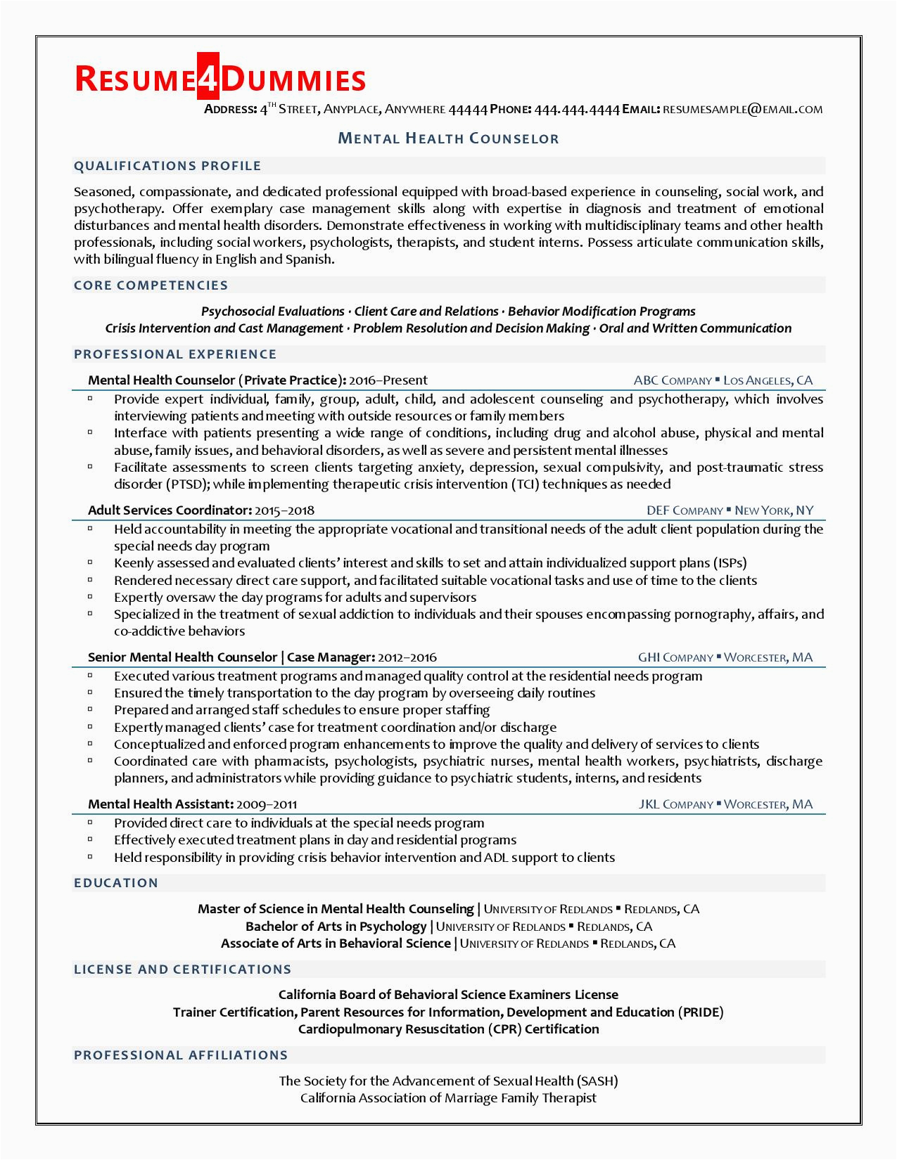 Resume Samples for Mental Health Counselors Mental Health Counselor Resume Example