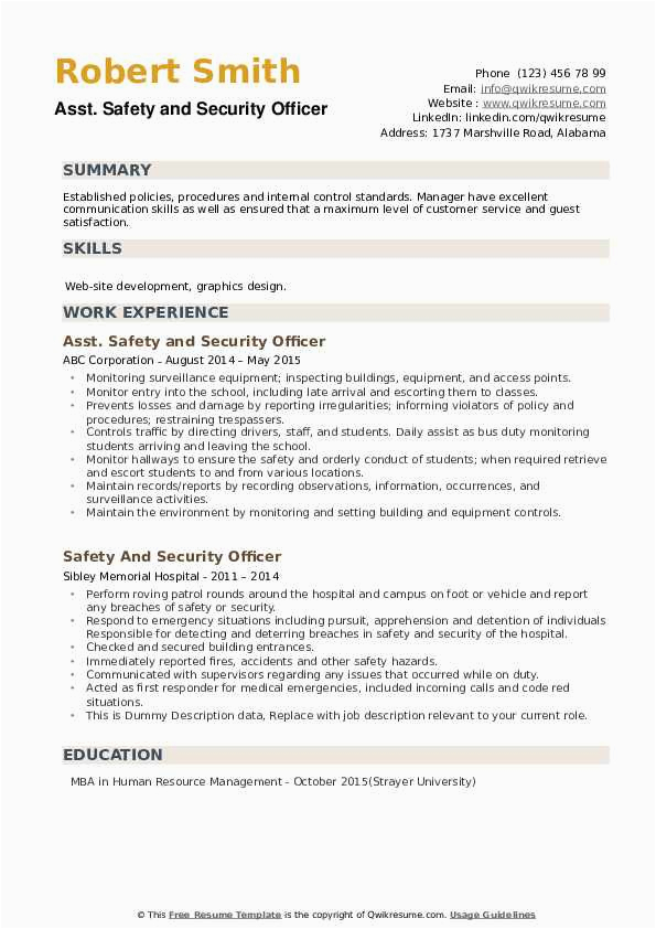 Safety Officer Sample Resume Download Pdf Safety and Security Ficer Resume Samples