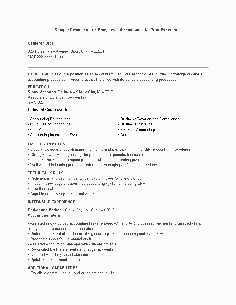 Sample Accounting Resume with No Experience Junior Accountant Resume No Experience