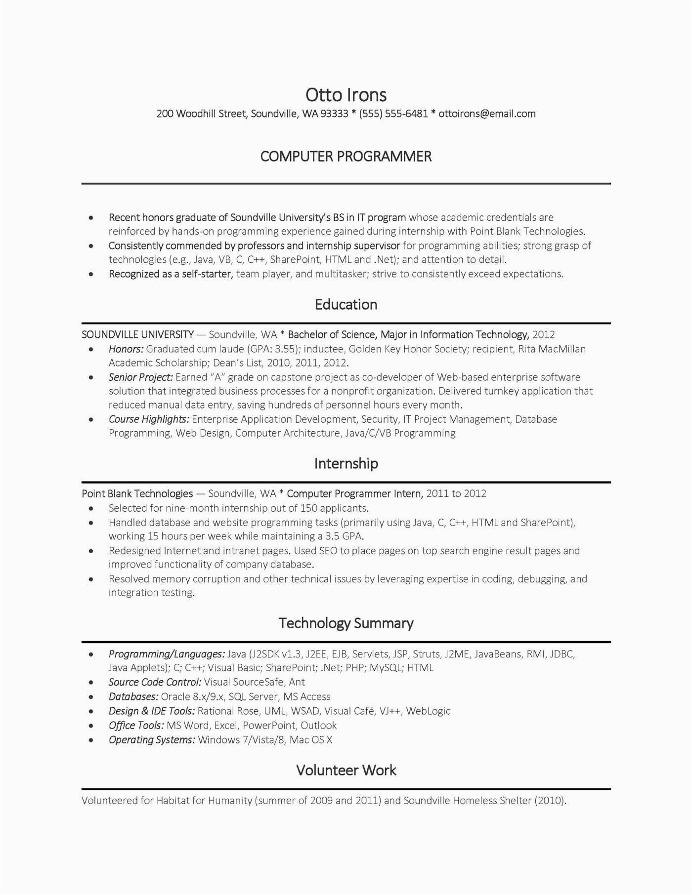Sample Computer Science Resume Entry Level Puter Science Entry Level Resume