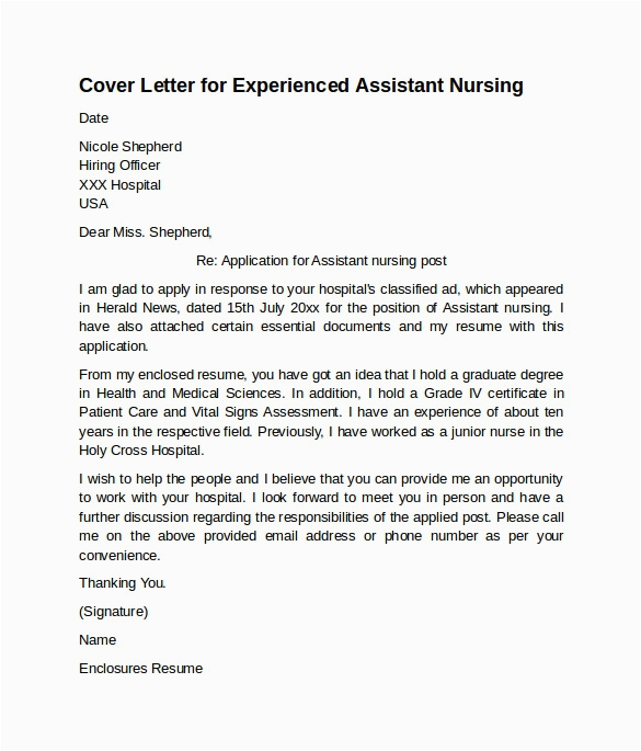 Sample Cover Letter for Resume Nursing assistant 10 Sample Nursing Cover Letter Examples to Download