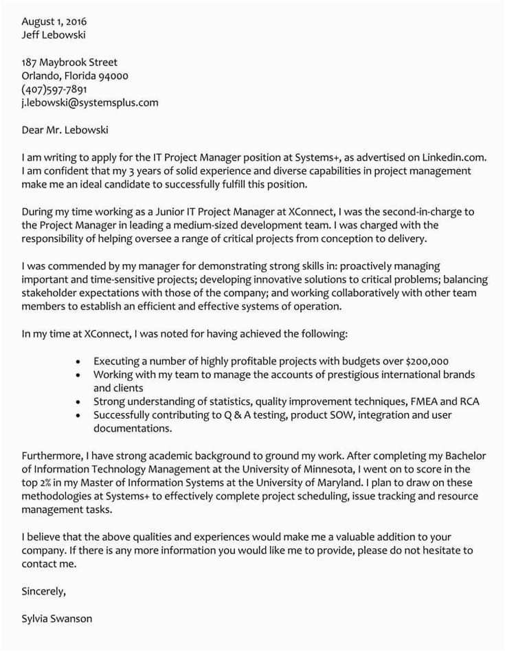 Sample Cover Letter for Resume Project Manager Project Management Cover Letter