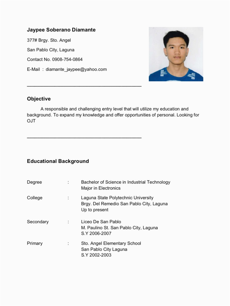 Sample Of Resume for Ojt Engineering Students Resume for Ojt Im Looking for Ojt Pany Im Electronics