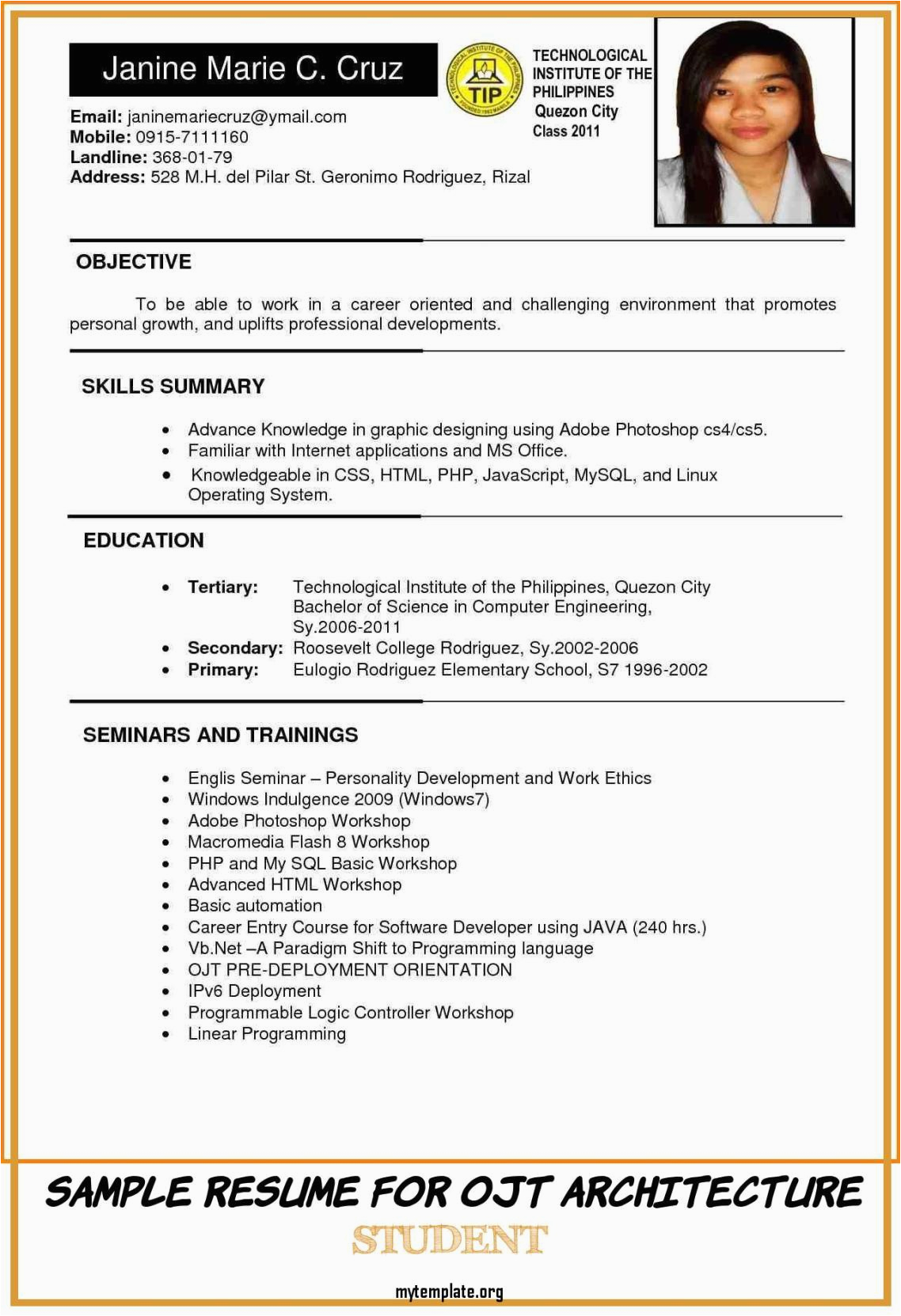 Sample Of Resume for Ojt Engineering Students Sample Resume for Ojt Architecture Student Resume