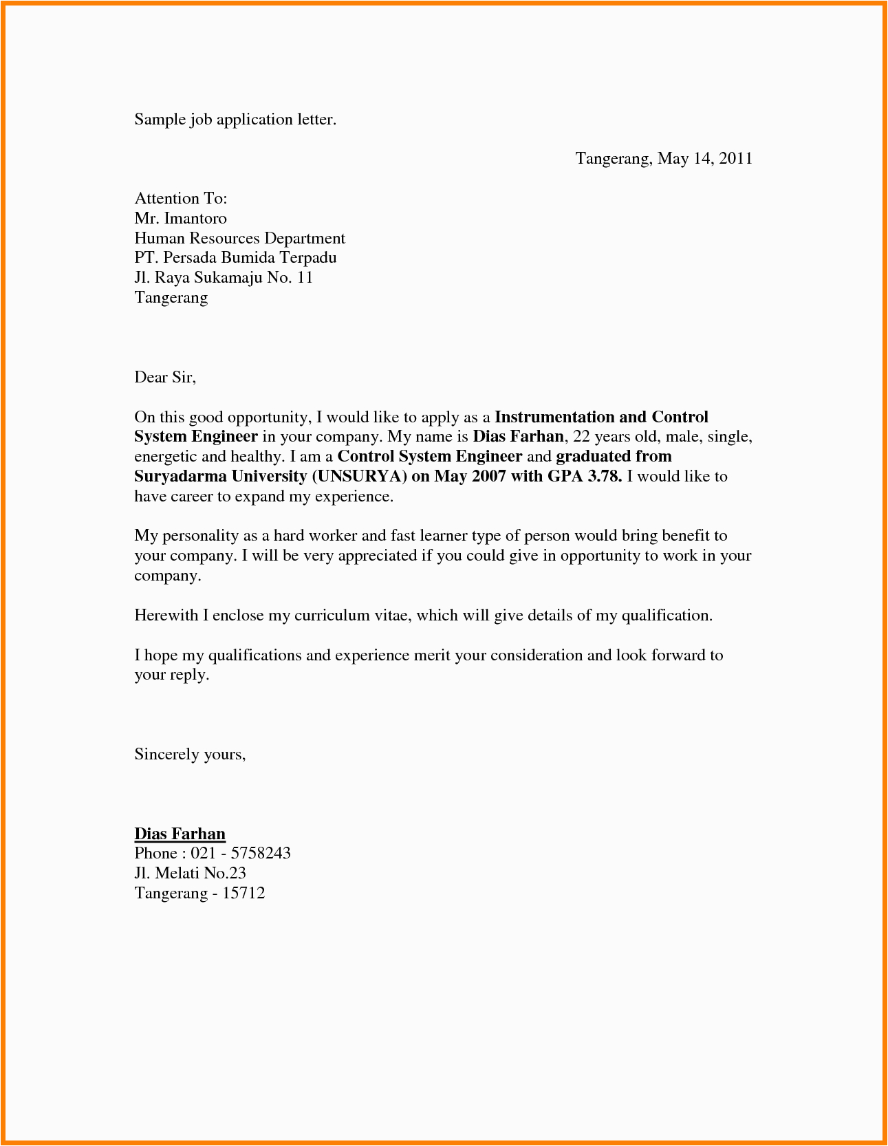 Sample Of Resume Letter for Applying A Job Job Application Job Vacancy formal Letter format Best