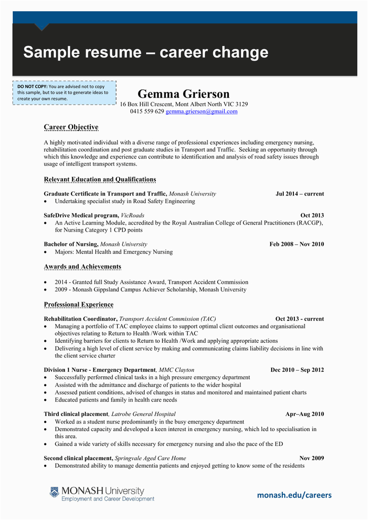 Sample Of Resume Objectives for Career Change Career Change Sample Resume Gemma Grierson Career Objective