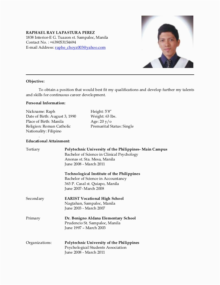 Sample Of Simple Resume In Philippines Latest Resume