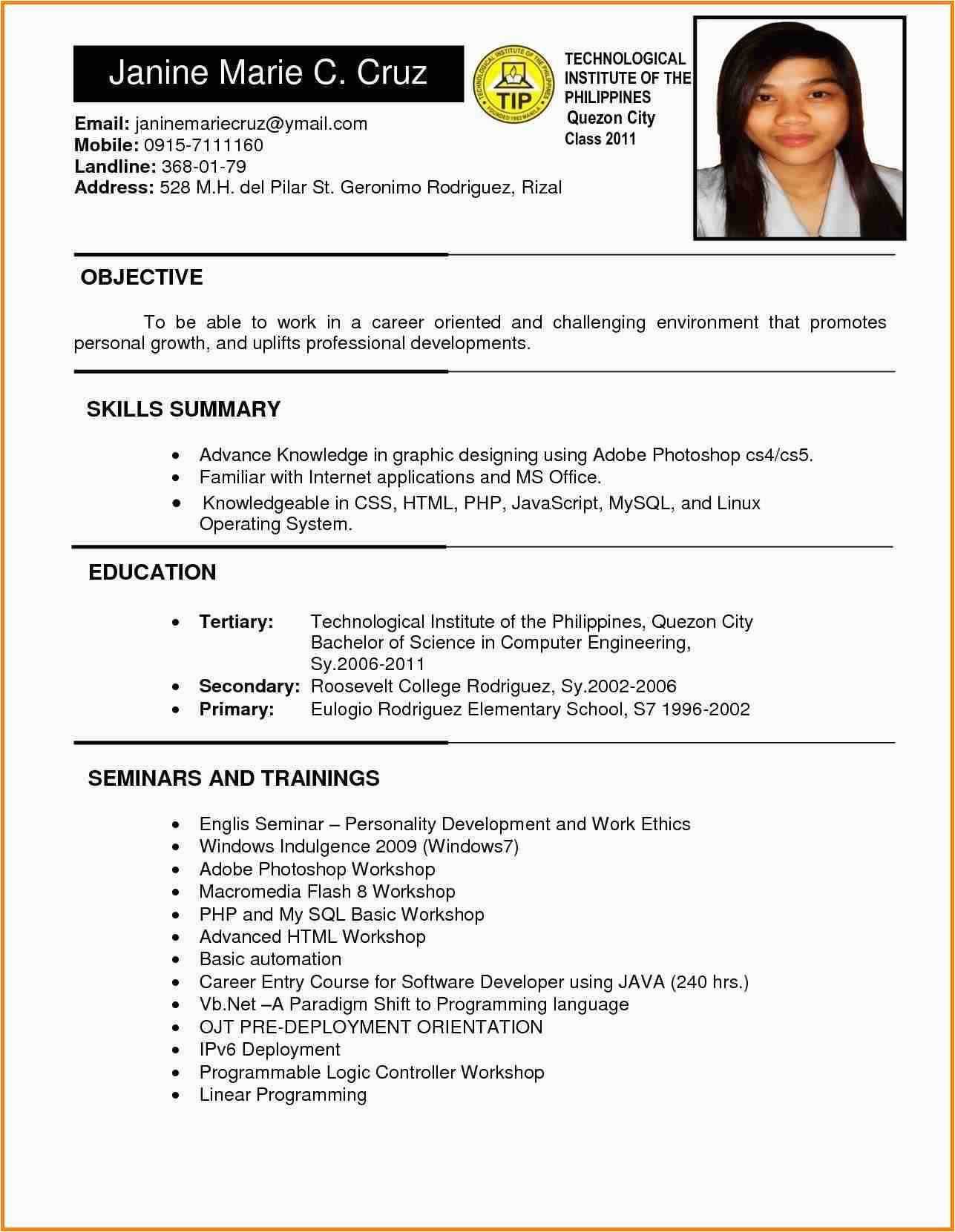 Sample Of Simple Resume In Philippines Resume Sample format In Philippines Valid 6 Example