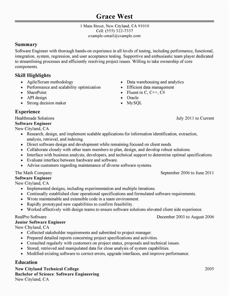 Sample One Page Resume for Experienced software Engineer Best software Engineer Resume Example