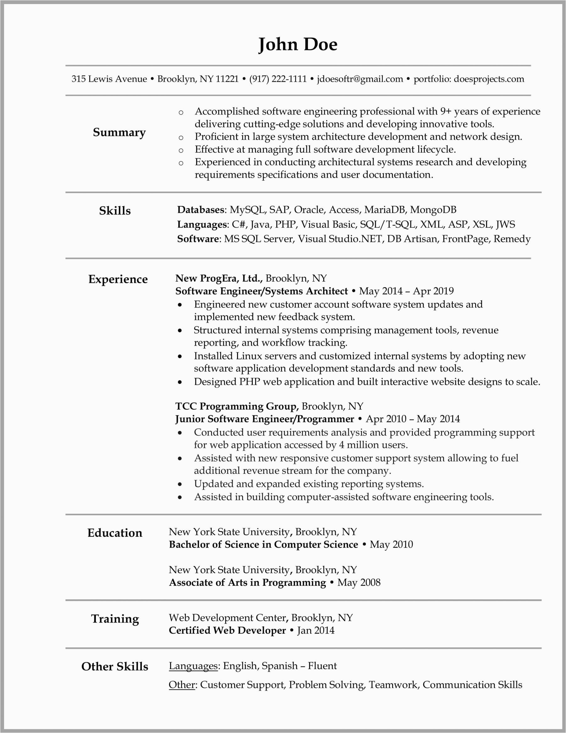 Sample One Page Resume for Experienced software Engineer software Engineer Resume