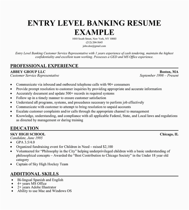 Sample Resume for Applying Bank Jobs Entry Level Bank Resume