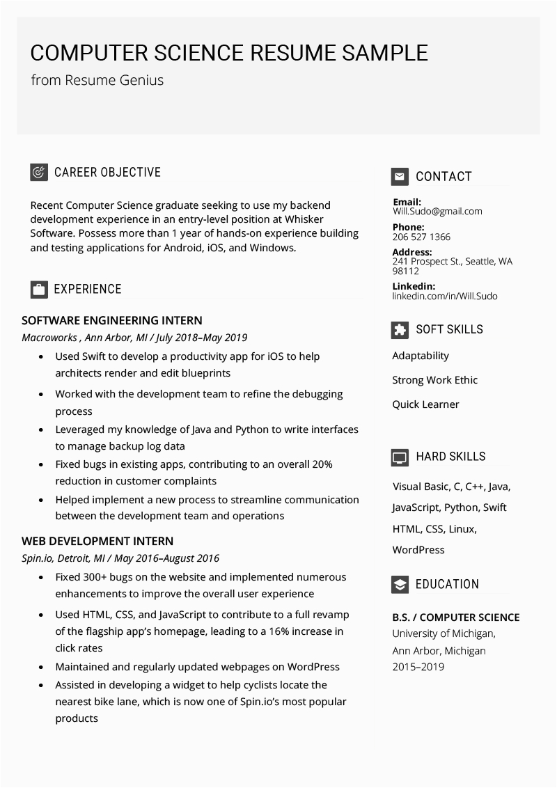 Sample Resume for Arts and Science Students Professional Puter Science Resume Example
