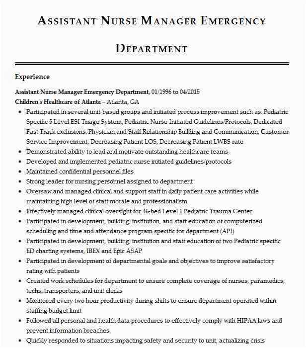 Sample Resume for assistant Nurse Manager Position assistant Nurse Manager Emergency Department Resume