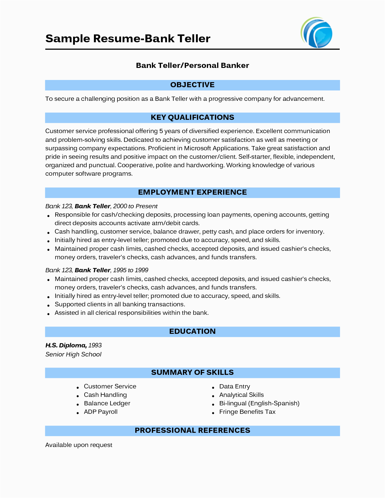 Sample Resume for Bank Jobs with No Experience Teller Resume with No Experience