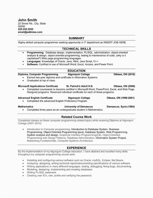 Sample Resume for Computer Programming Student Puter Programmer Resume Sample & Template