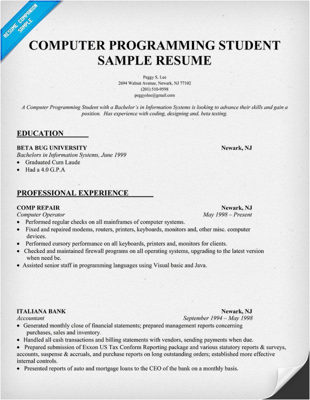 Sample Resume for Computer Programming Student Resume Sample Puter Programming Student