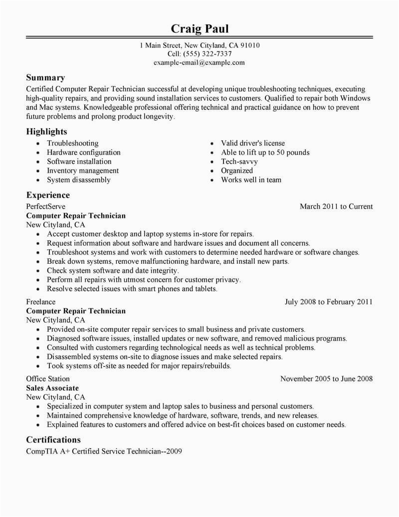 Sample Resume for Computer Repair Technician Best Puter Repair Technician Resume Example