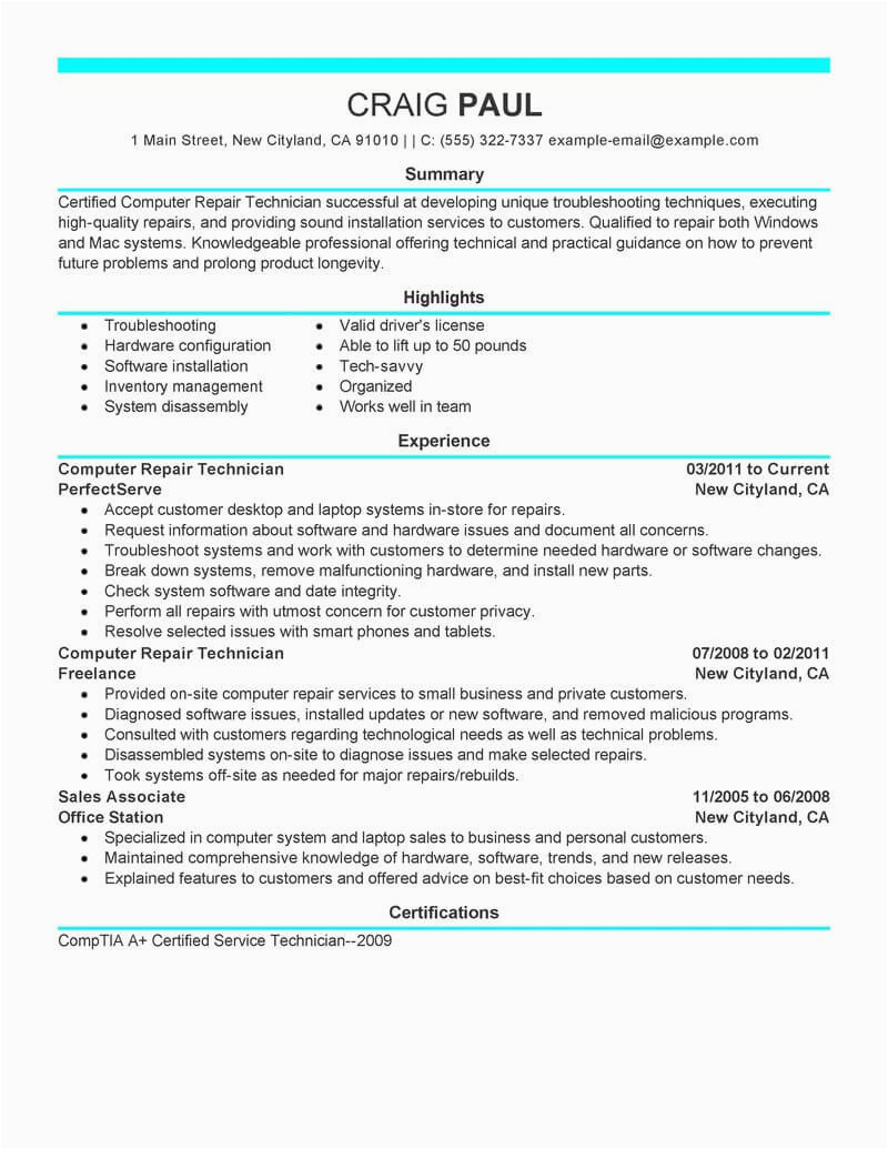 Sample Resume for Computer Repair Technician Best Puter Repair Technician Resume Example