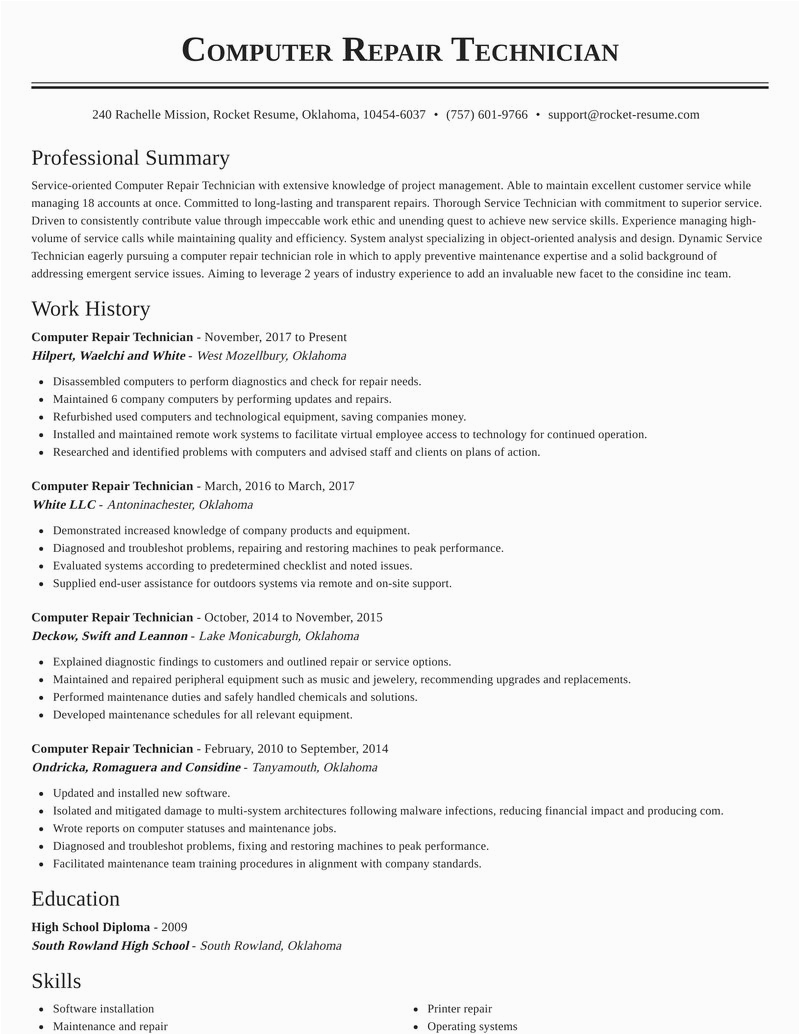 Sample Resume for Computer Repair Technician Puter Repair Technician Resumes