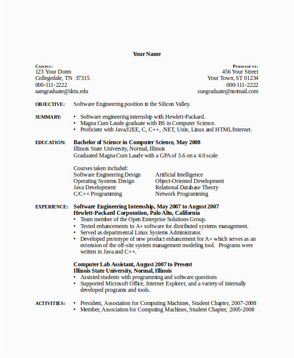 Sample Resume for Computer Science Engineering Students Sample Resume for Cse Students