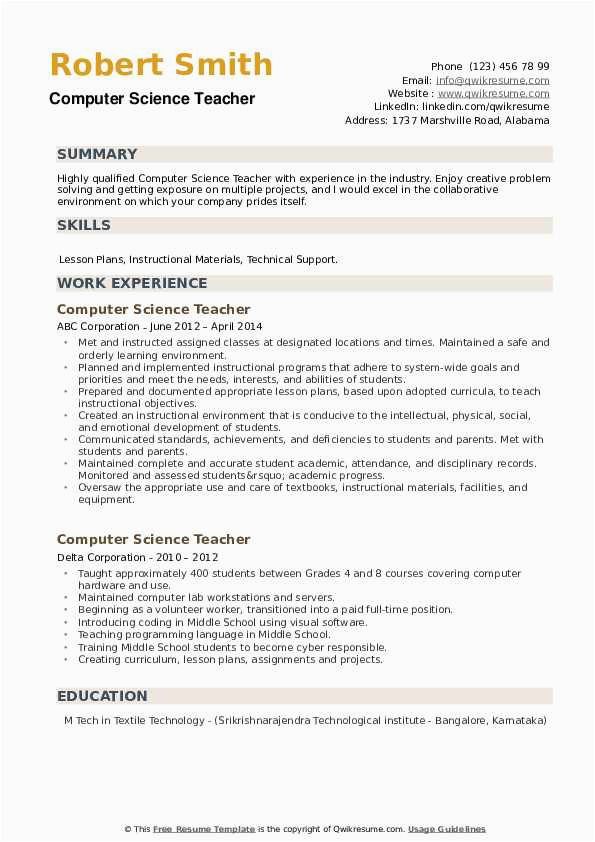 Sample Resume for Computer Science Faculty Puter Science Teacher Resume Samples