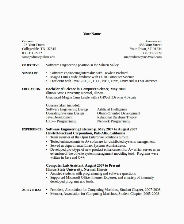 Sample Resume for Computer Science Internship 12 Puter Science Resume Templates Pdf Doc