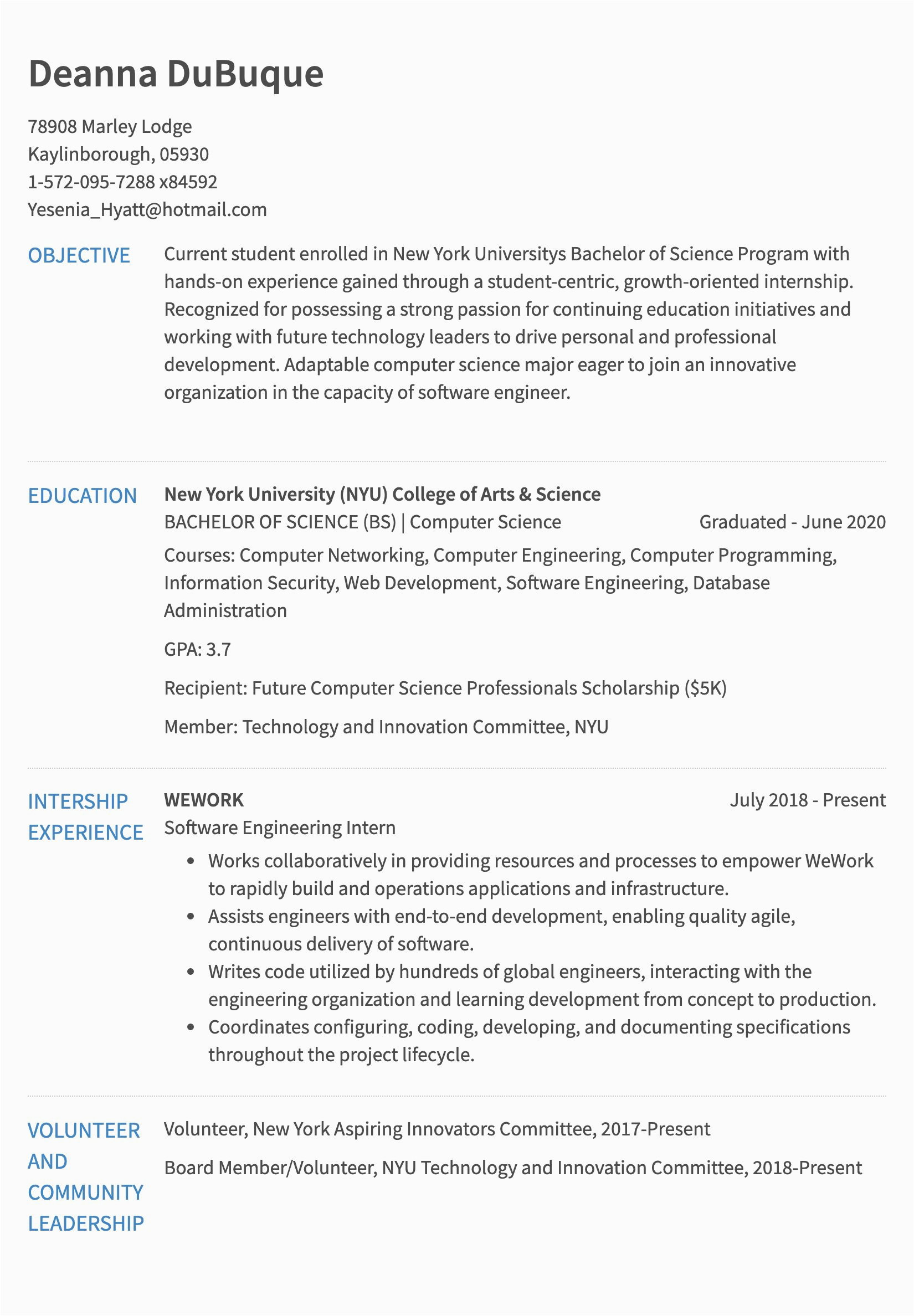 Sample Resume for Computer Science Internship Puter Science Internship Resume Free Resume Templates