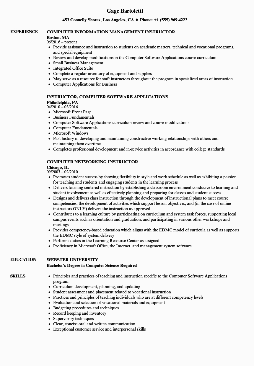 Sample Resume for Computer Science Lecturer In Engineering College Puter Instructor Resume