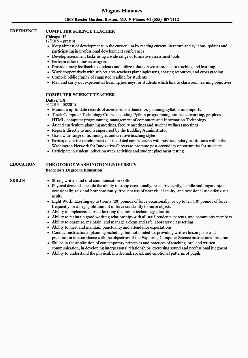 Sample Resume for Computer Science Lecturer Puter Science Teacher Resume Samples