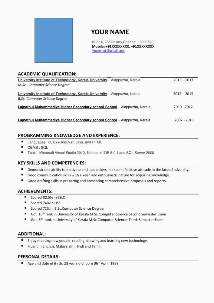 Sample Resume for Computer Science Student Fresher 20 Cse Fresher Resume Template Addictips