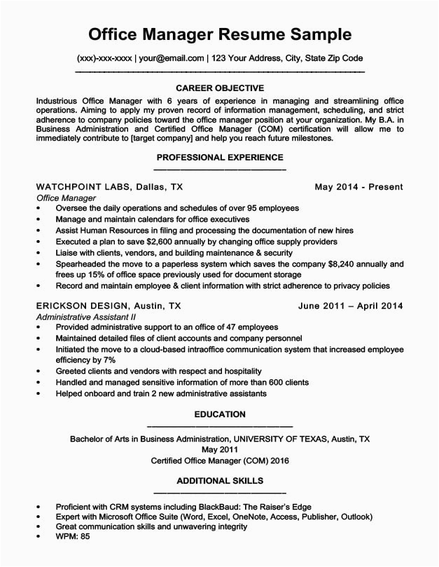Sample Resume for Executive assistant Office Manager Fice Manager Resume Sample