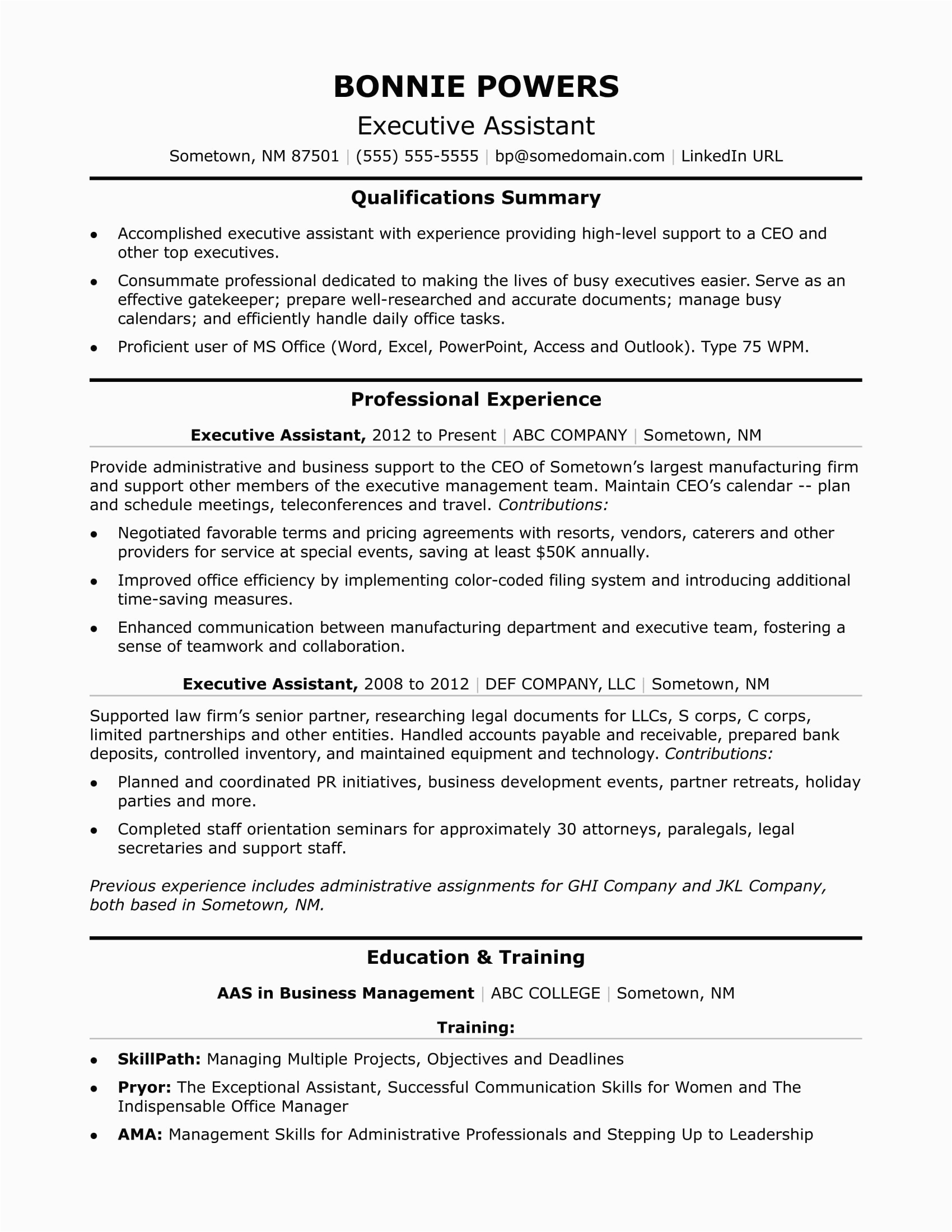 Sample Resume for Executive assistant to President Executive Administrative assistant Resume Sample