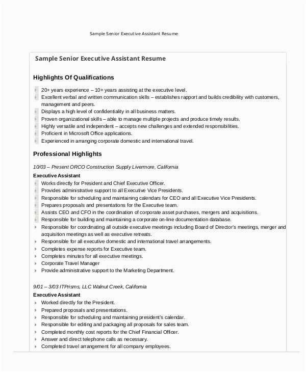 Sample Resume for Executive assistant to Senior Executive Executive assistant Resume 7 Free Word Pdf Documents