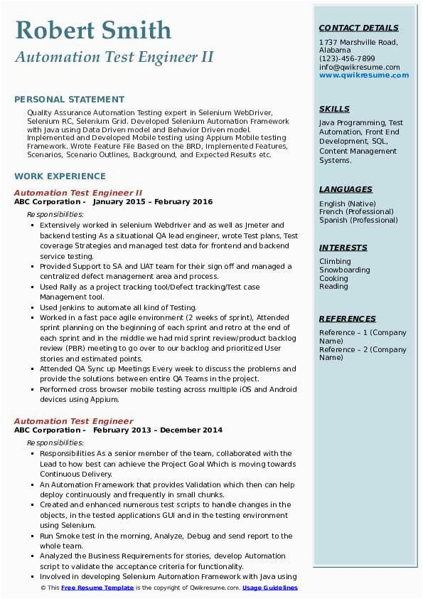 Sample Resume for Experienced Automation Test Engineer Automation Test Engineer Resume Samples