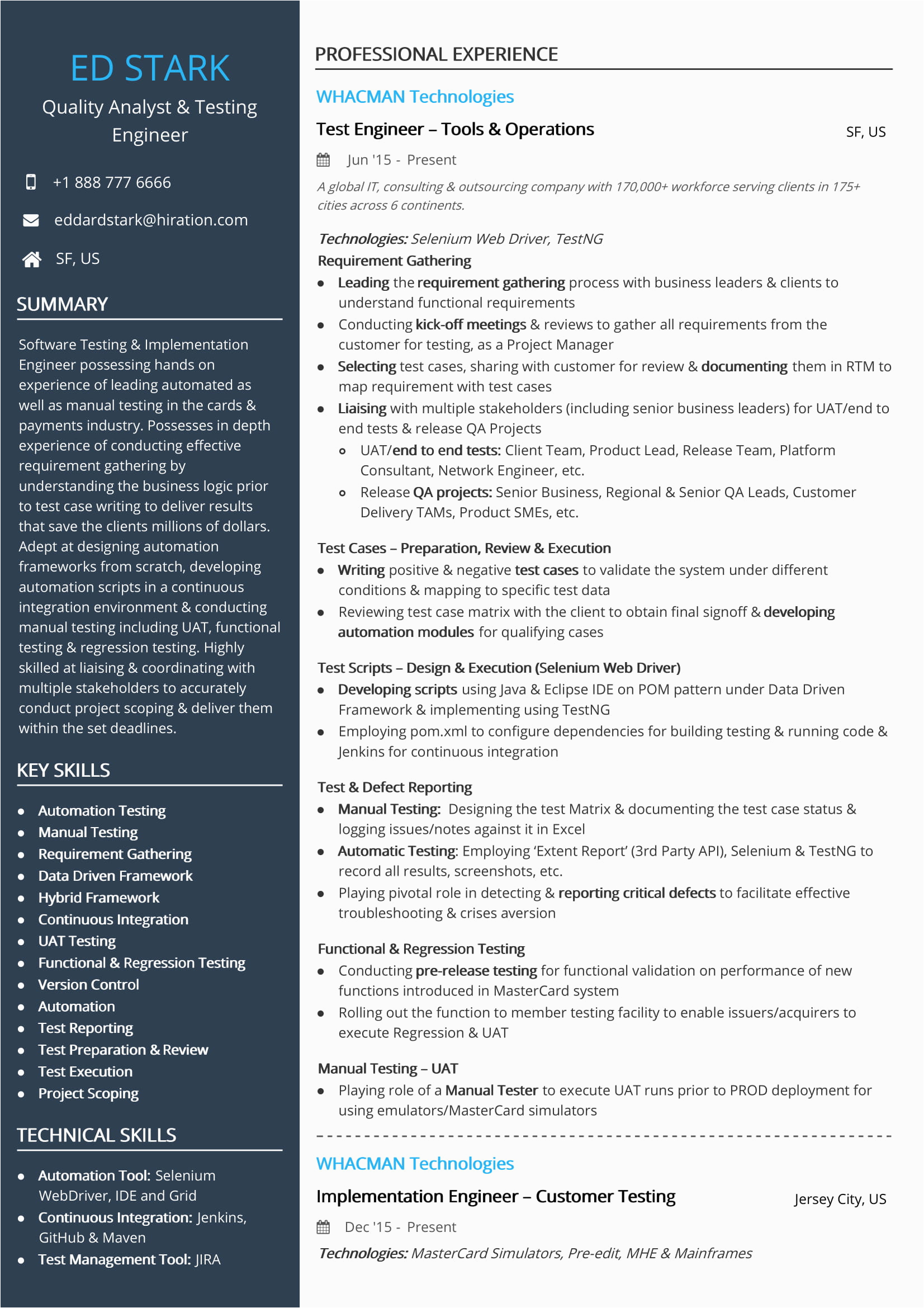 Sample Resume for Experienced Automation Test Engineer Technology Resume Examples & Resume Samples [2020]