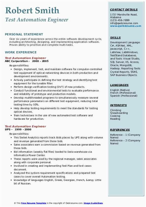 Sample Resume for Experienced Automation Test Engineer Test Automation Engineer Resume Samples