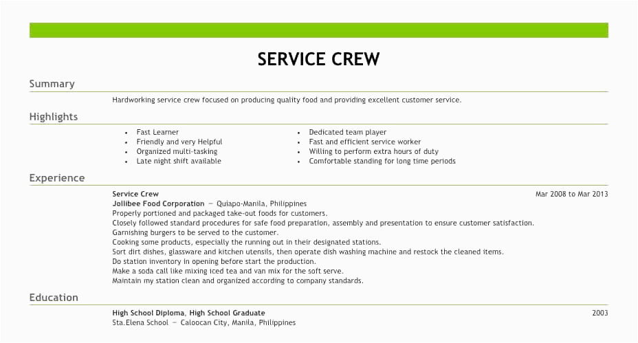 Sample Resume for Fast Food Crew without Experience Philippines Sample Resume for Fast Food Crew without Experience