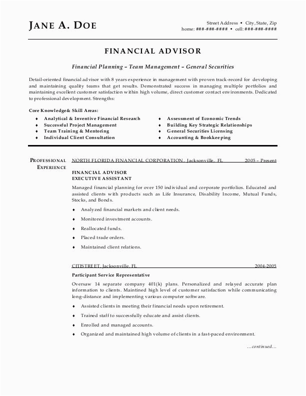 Sample Resume for Financial Advisor Position Financial Advisor Resume Sample Resume Zone