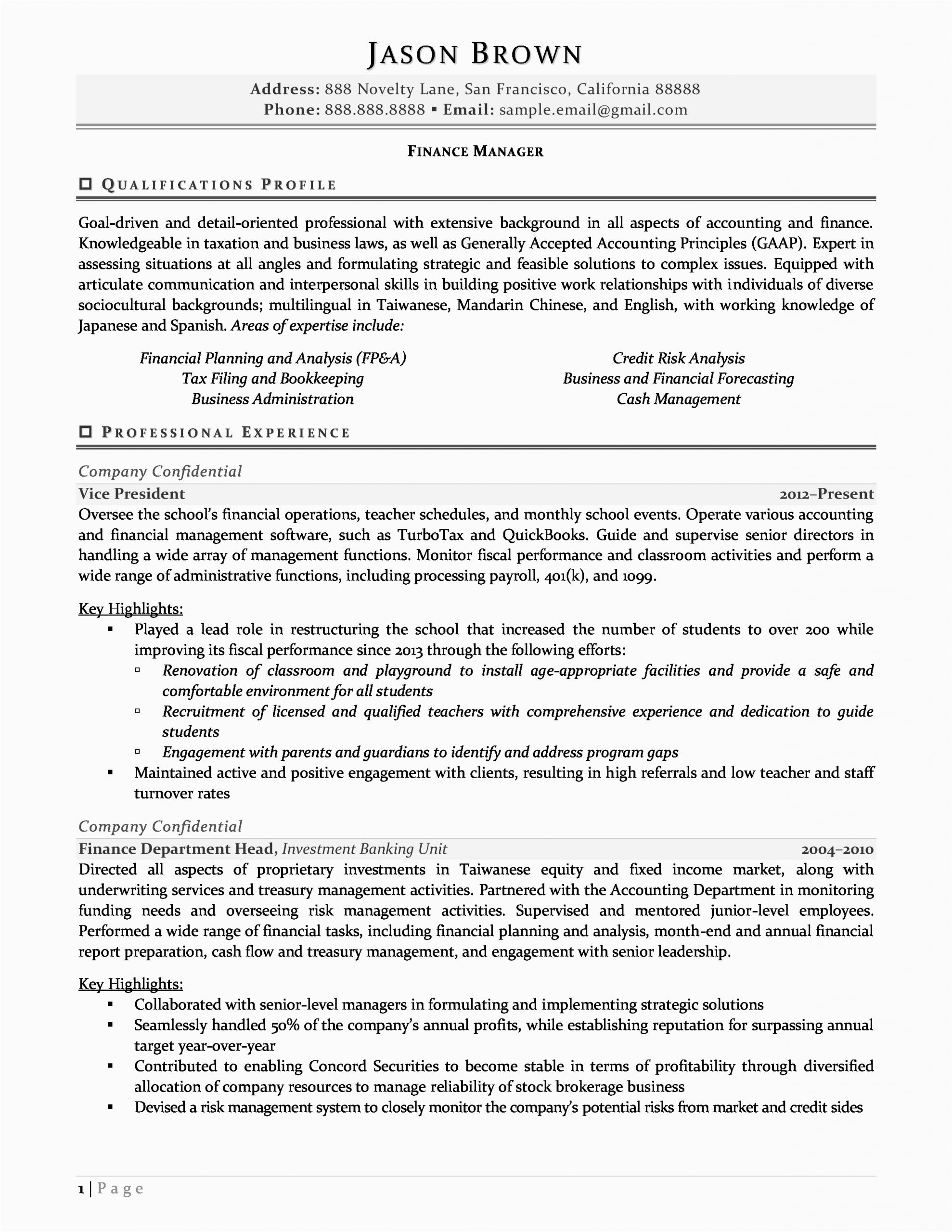 Sample Resume for Financial Management Position Finance Manager Resume Examples