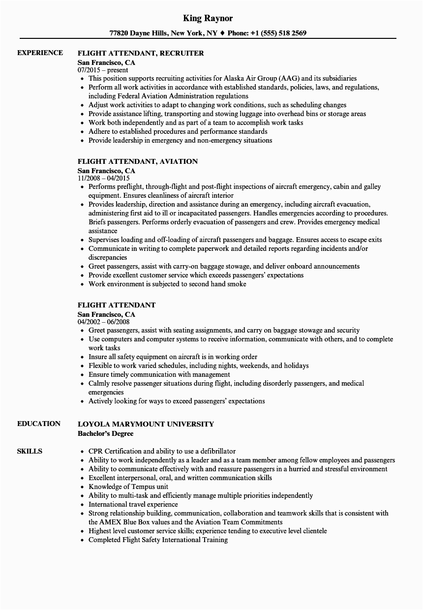 Sample Resume for Flight attendant with Experience Flight attendant Resume